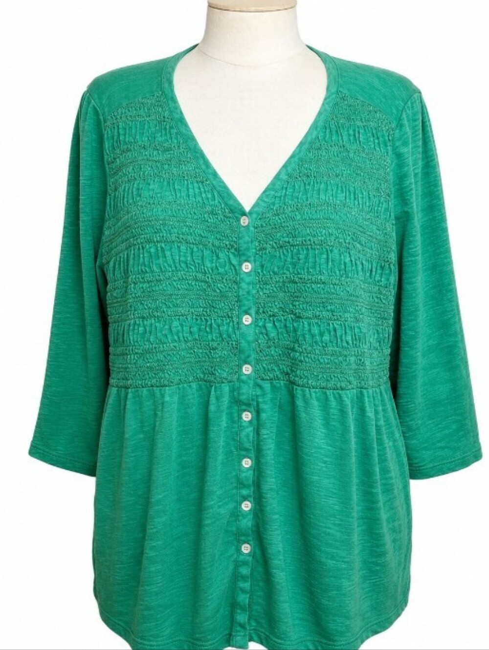 J. Jill Marled Green Smocked Babydoll Tunic Top XL Petite Boho Lagenlook